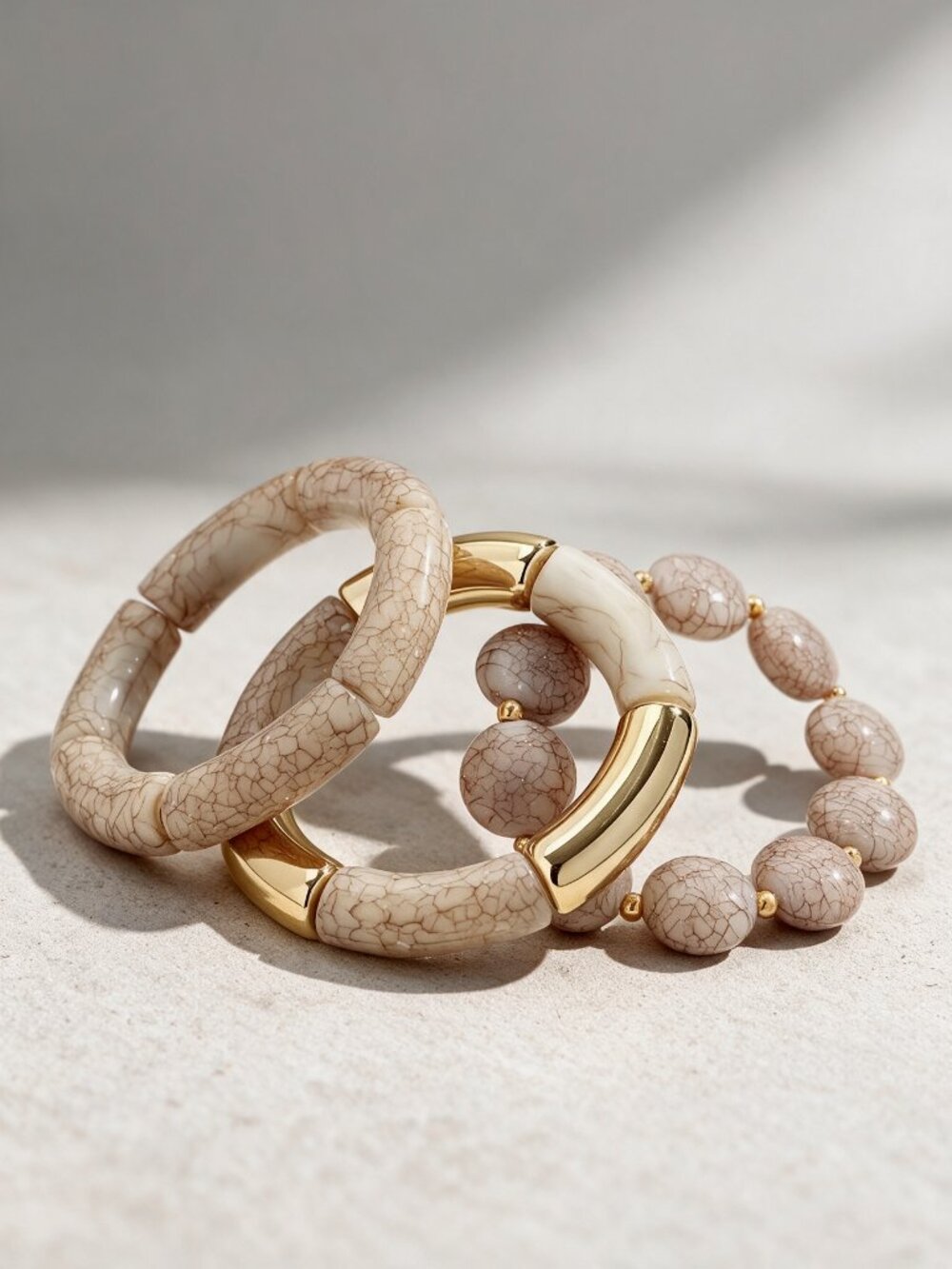 3-Piece Beige Crackle Resin Gold-Tone Chunky Stretch Bracelet Stack Set - Size S